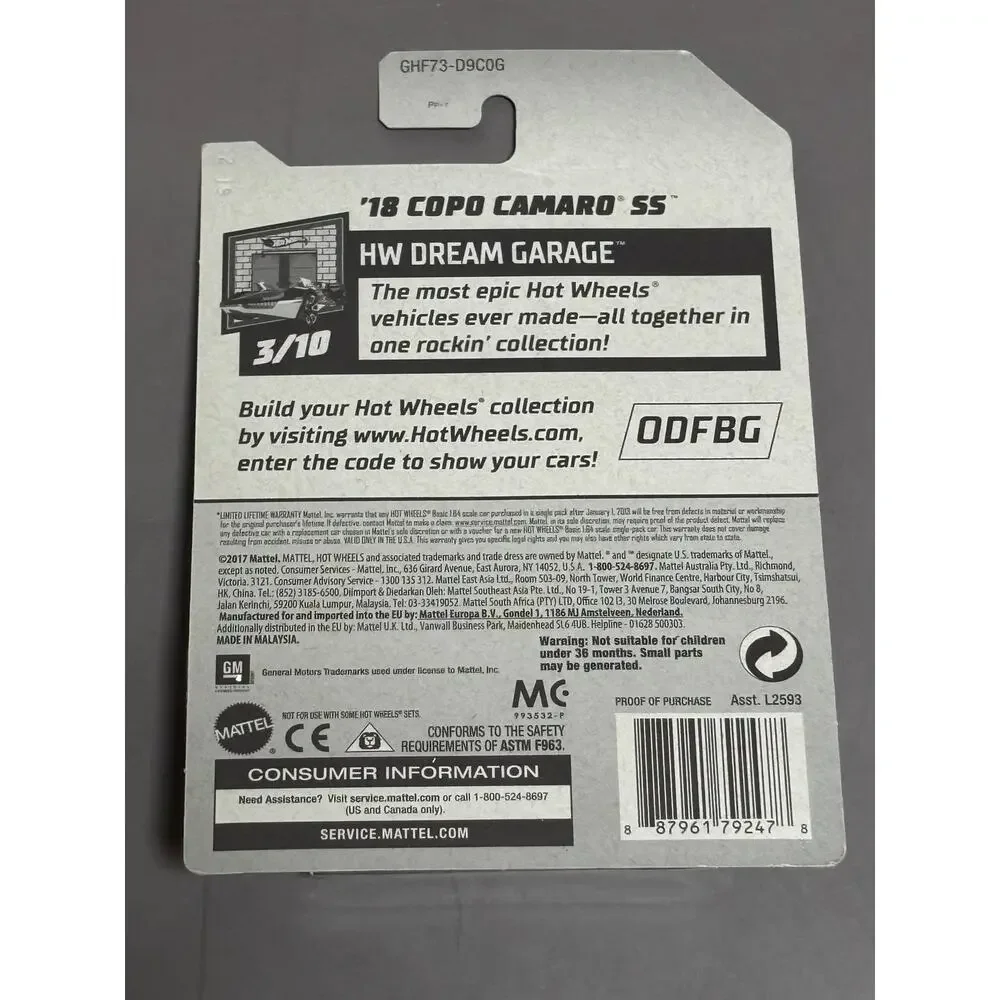 Hot Wheels 2020 Hw Dream Garage 3/10 '18 Copo Camaro SS Black 20/250 New